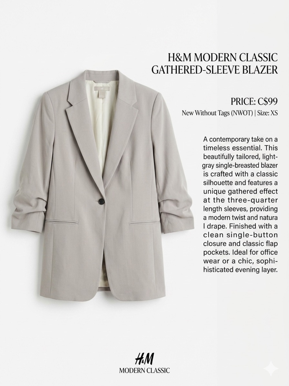 H&M Modern Classic Gathered-Sleeve Blazer - NWOT SZ.XS